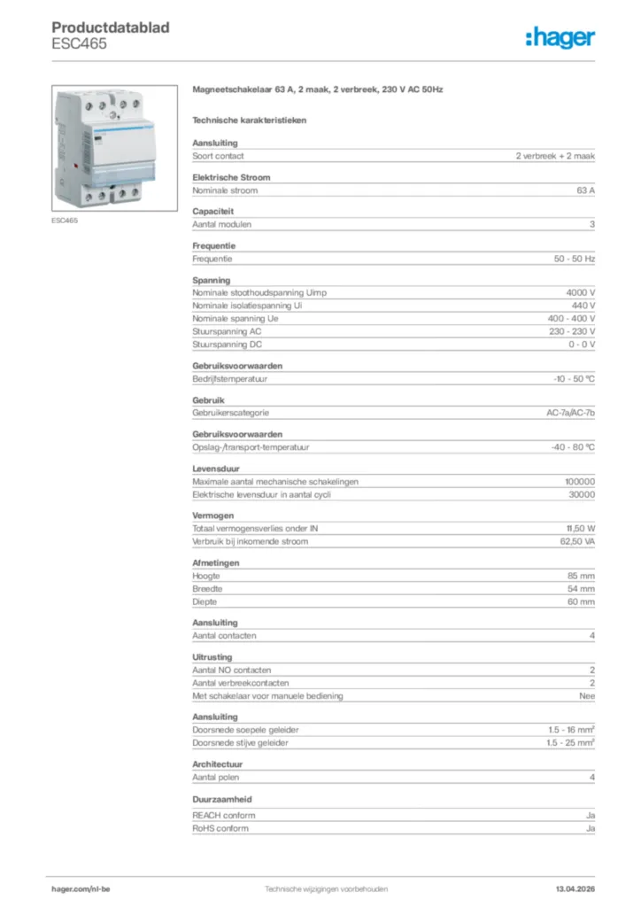 Afbeelding Hager Productdatablad ESC465 | Hager Belgium