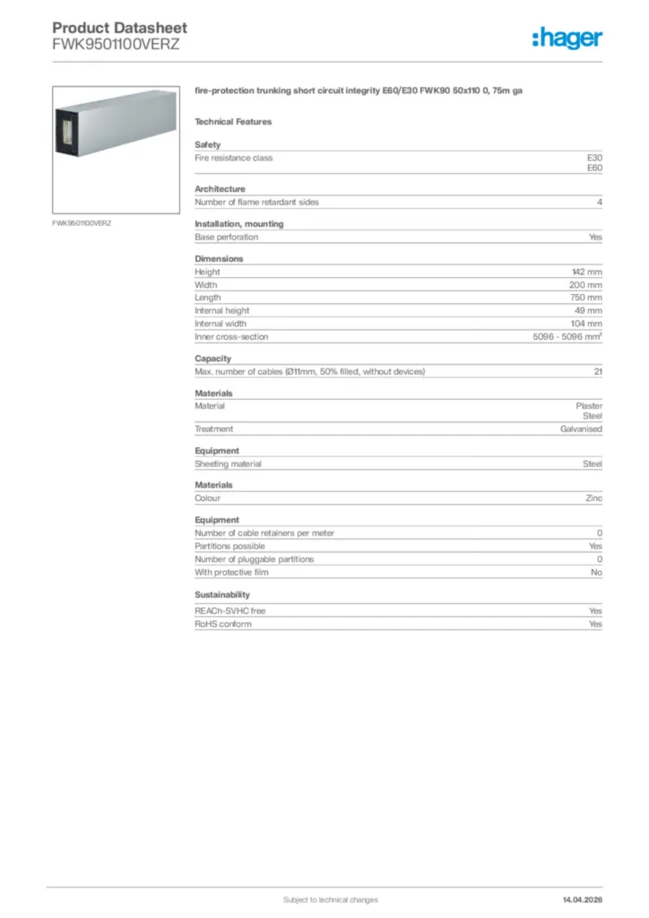 Image Hager Product data sheet FWK9501100VERZ  | Hager Africa