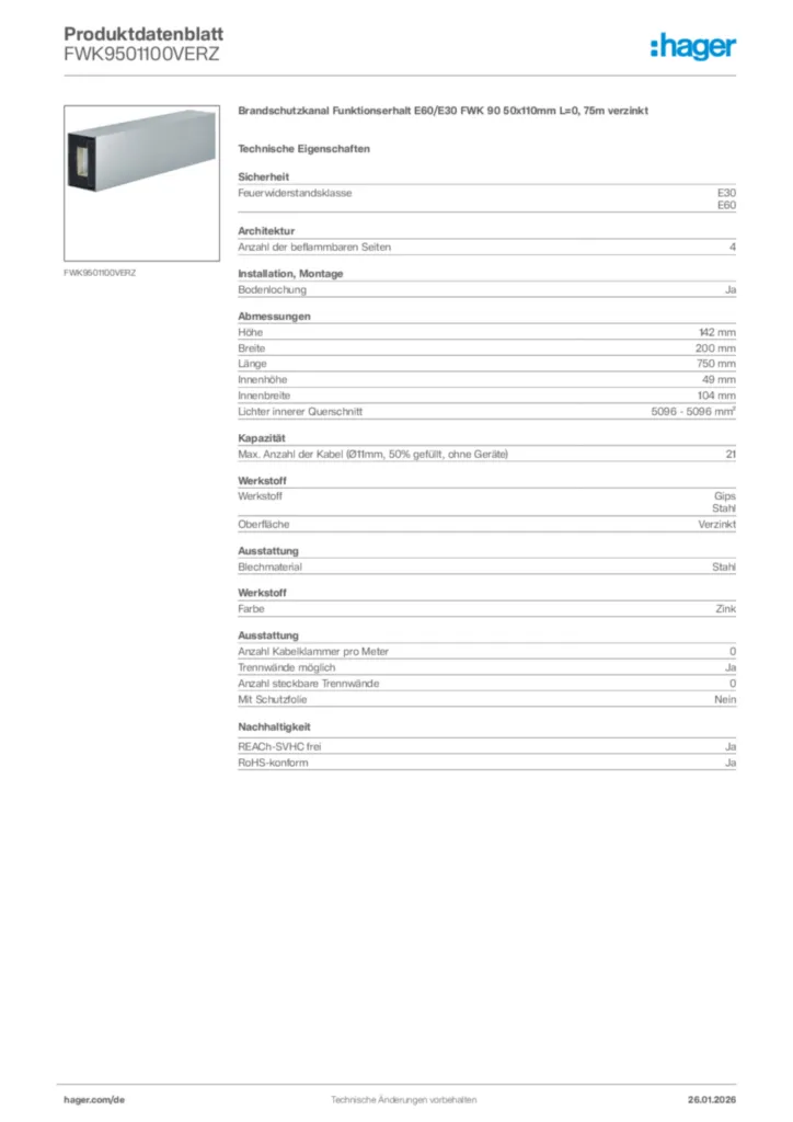 Hager Produktdatenblatt FWK9501100VERZ