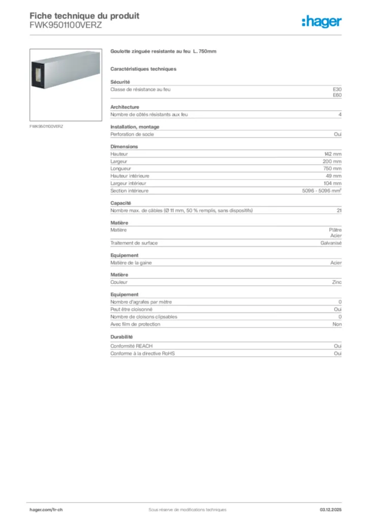 Image Hager Fiche technique du produit FWK9501100VERZ | Hager Suisse