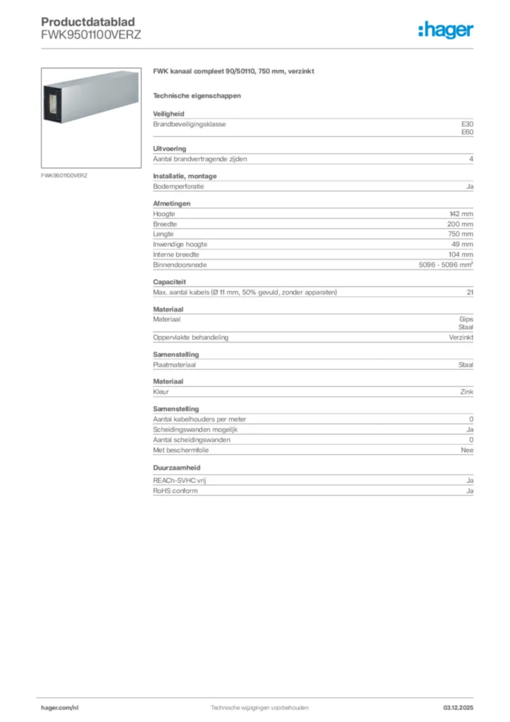 Afbeelding Hager Productdatablad FWK9501100VERZ | Hager Nederland