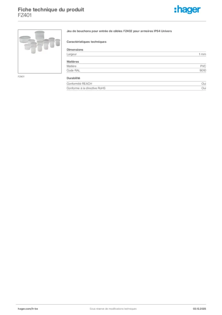 Image Hager Fiche technique du produit FZ401 | Hager Belgique