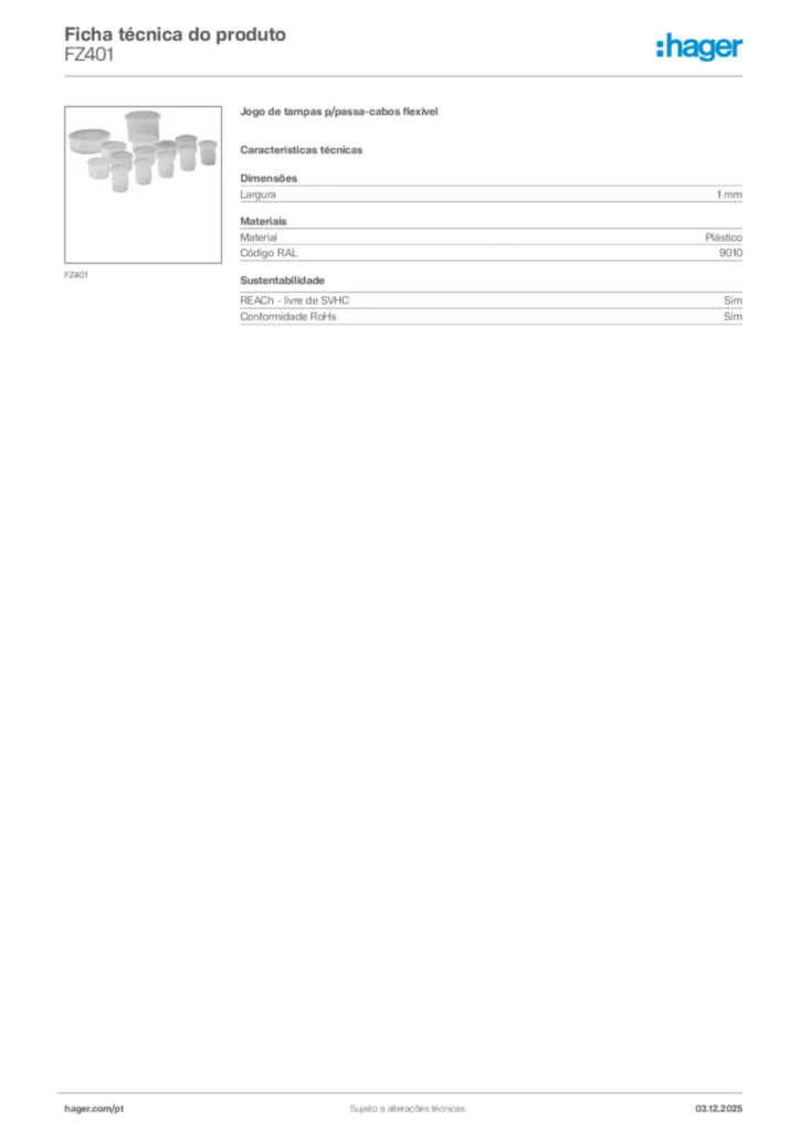 Imagem Hager Ficha técnica do produto FZ401 | Hager Portugal