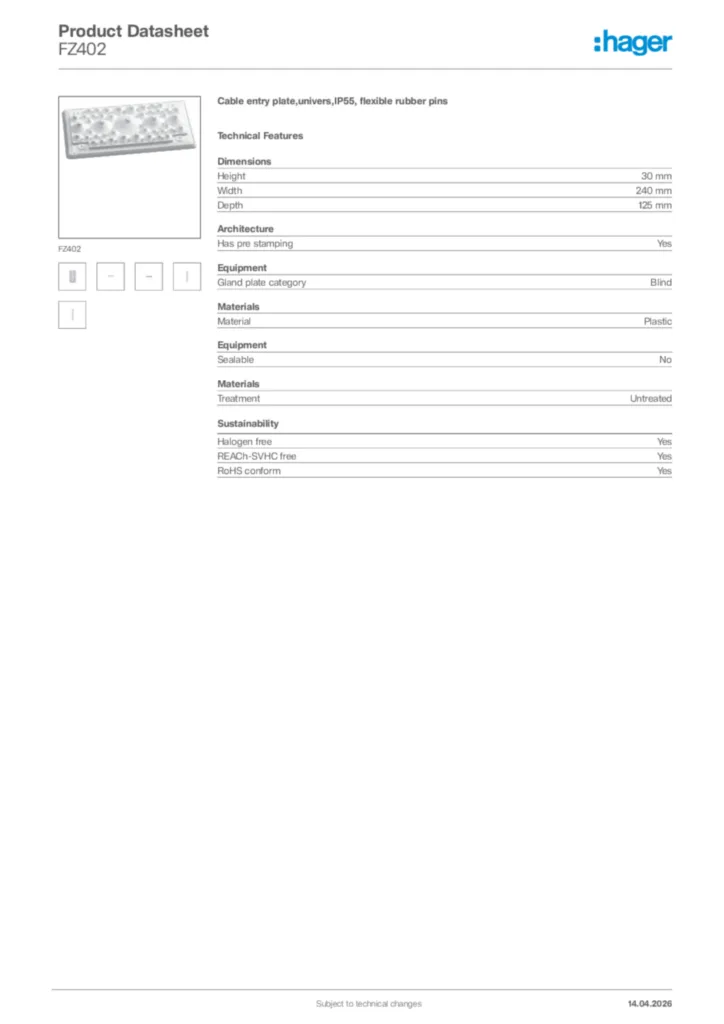 Image Hager Product data sheet FZ402  | Hager Africa