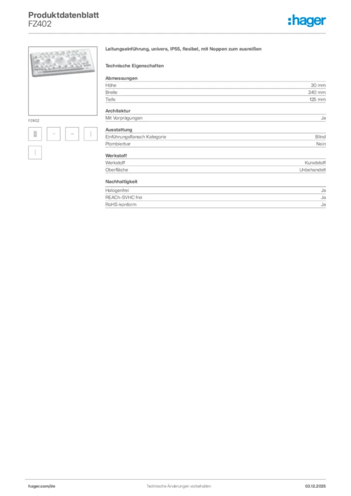 Hager Produktdatenblatt FZ402