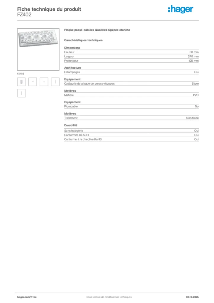 Image Hager Fiche technique du produit FZ402 | Hager Belgique