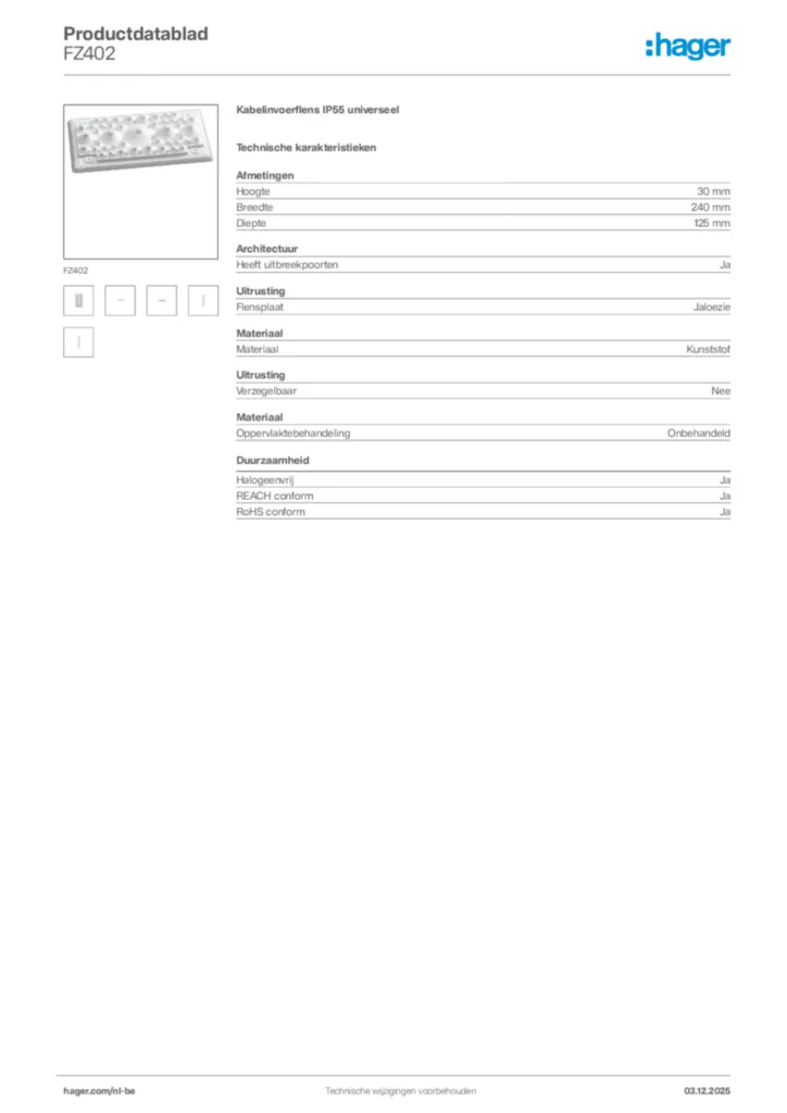 Afbeelding Hager Productdatablad FZ402 | Hager Belgium