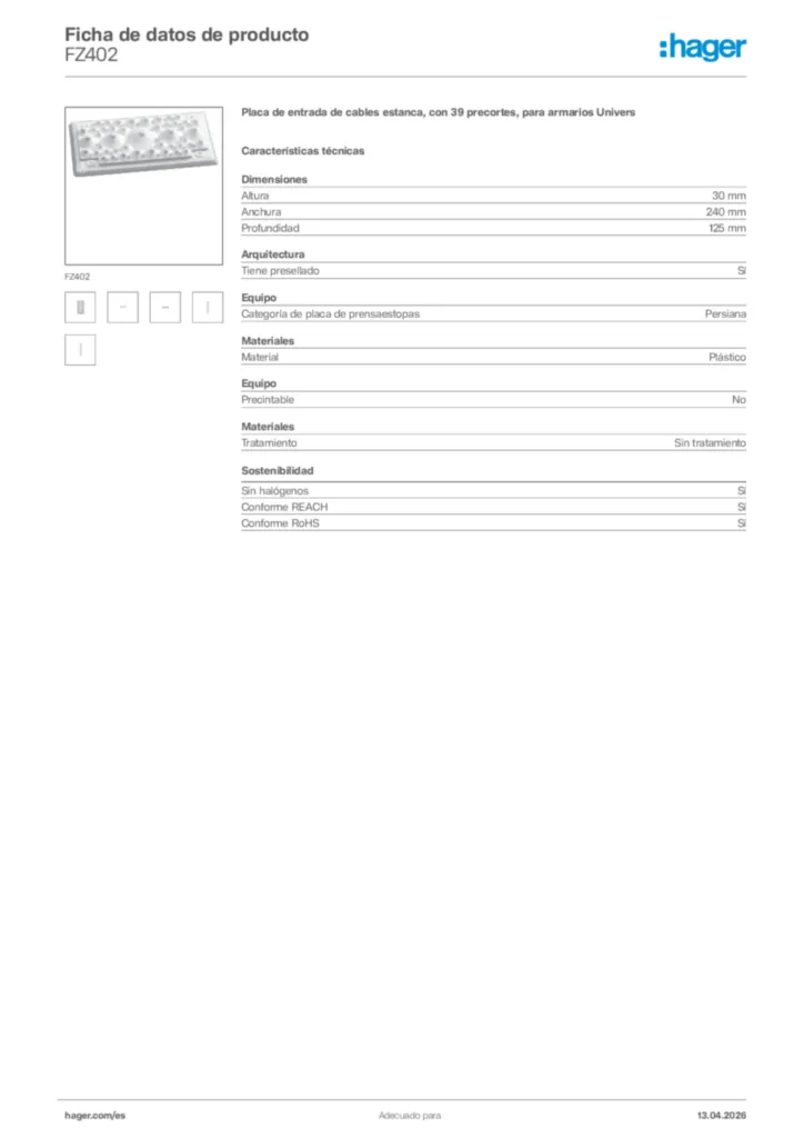 Imagen Hager Ficha de datos de producto FZ402 | Hager España