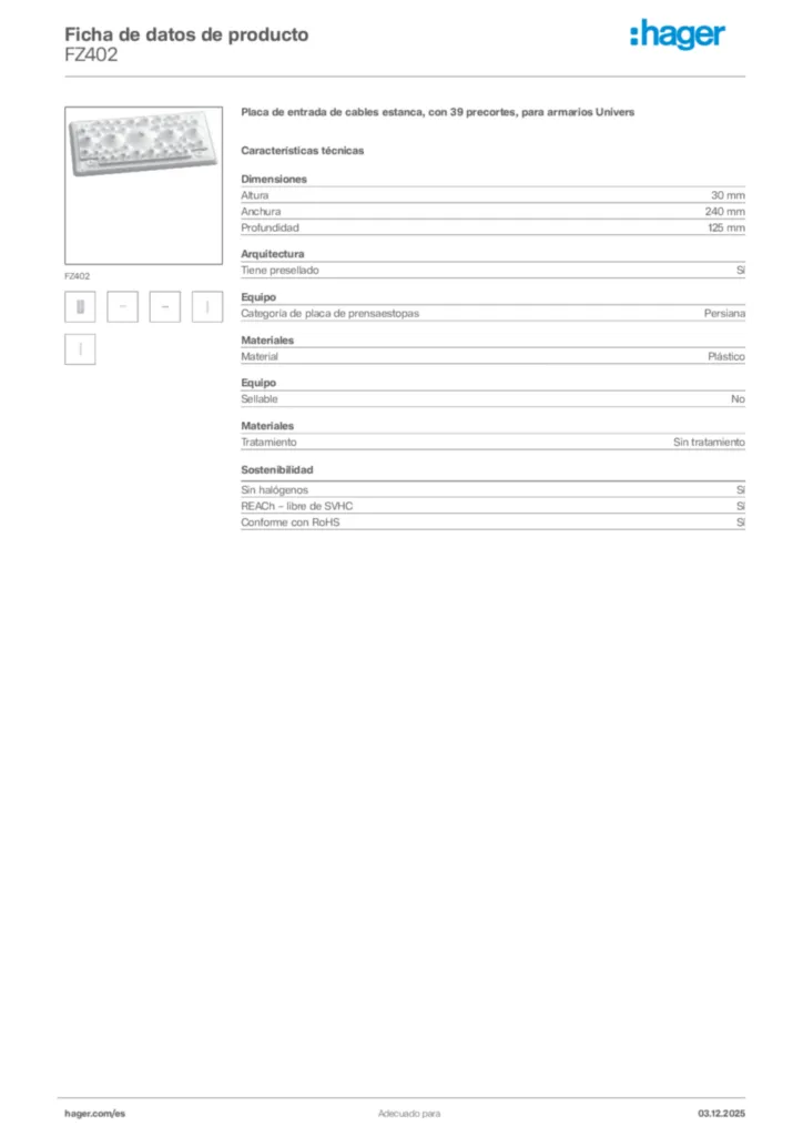 Imagen Hager Ficha de datos de producto FZ402 | Hager España