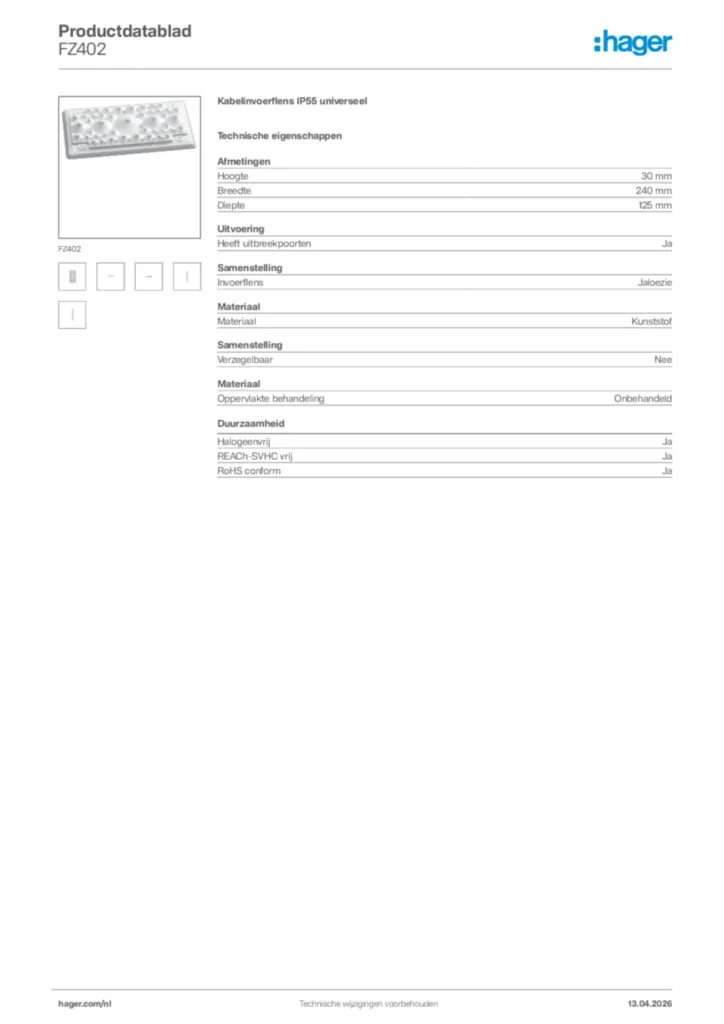 Afbeelding Hager Productdatablad FZ402 | Hager Nederland