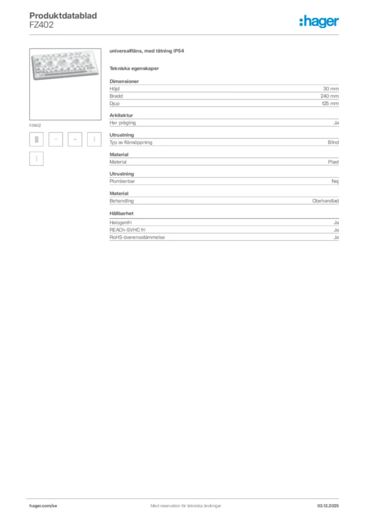 Bild Hager Produktdatablad FZ402 | Hager Sverige