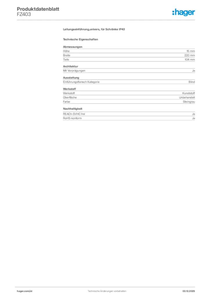 Bild Hager Produktdatenblatt FZ403 | Hager Deutschland
