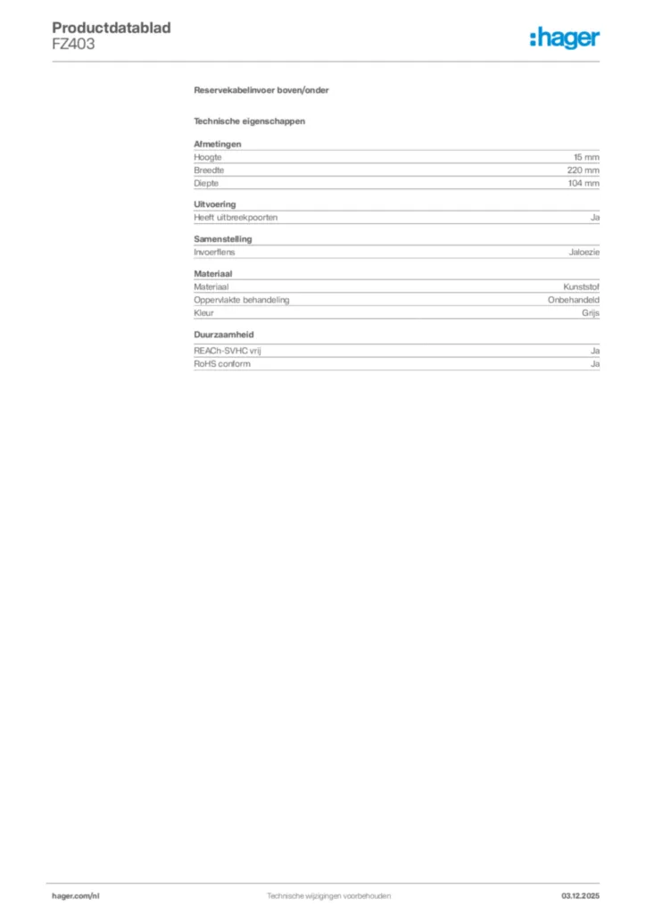 Afbeelding Hager Productdatablad FZ403 | Hager Nederland