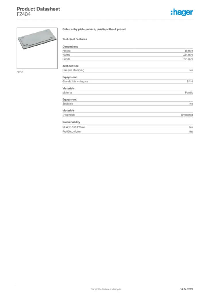 Image Hager Product data sheet FZ404  | Hager Africa