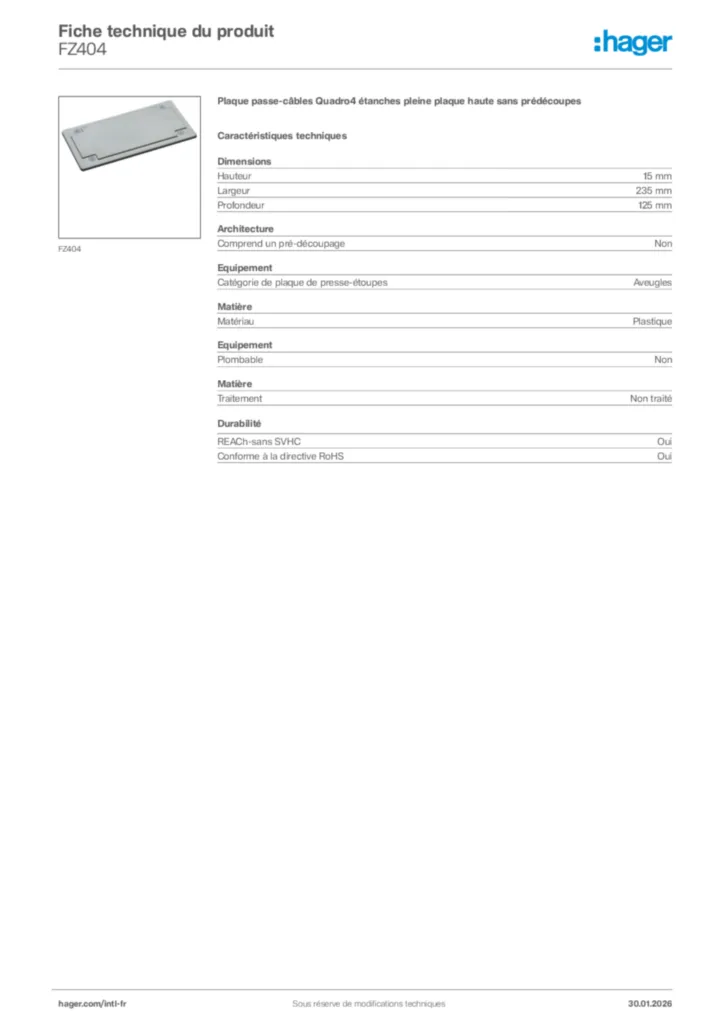 Image Hager Fiche technique du produit FZ404 | Hager Afrique