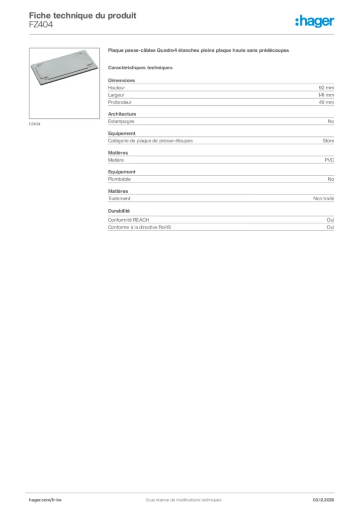 Image Hager Fiche technique du produit FZ404 | Hager Belgique