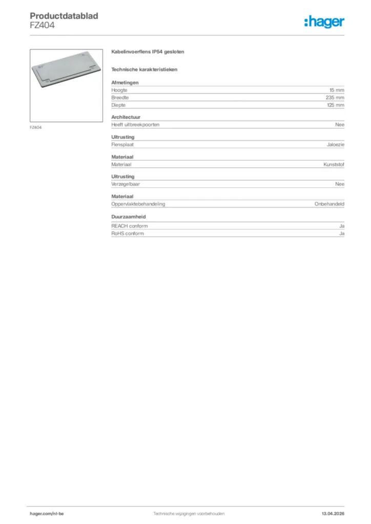 Afbeelding Hager Productdatablad FZ404 | Hager Belgium