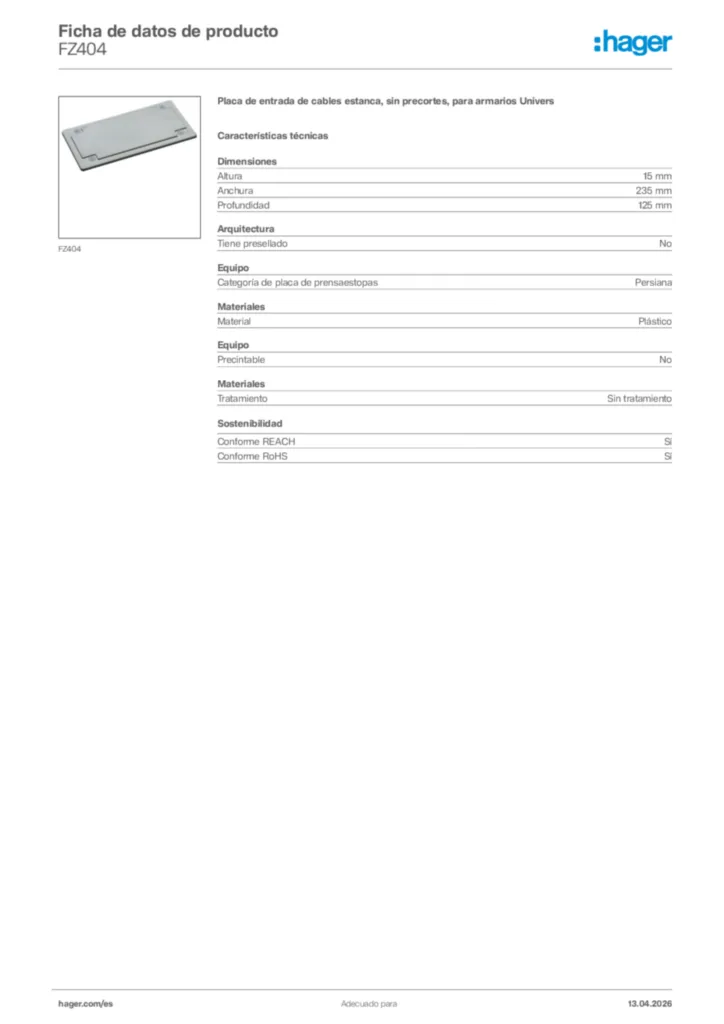Imagen Hager Ficha de datos de producto FZ404 | Hager España
