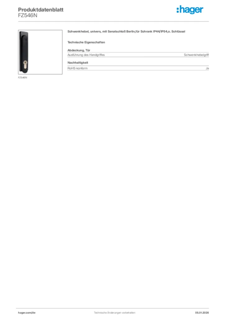 Bild Hager Produktdatenblatt FZ546N | Hager Deutschland