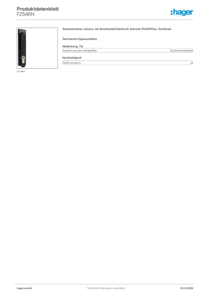 Bild Hager Produktdatenblatt FZ546N | Hager Deutschland