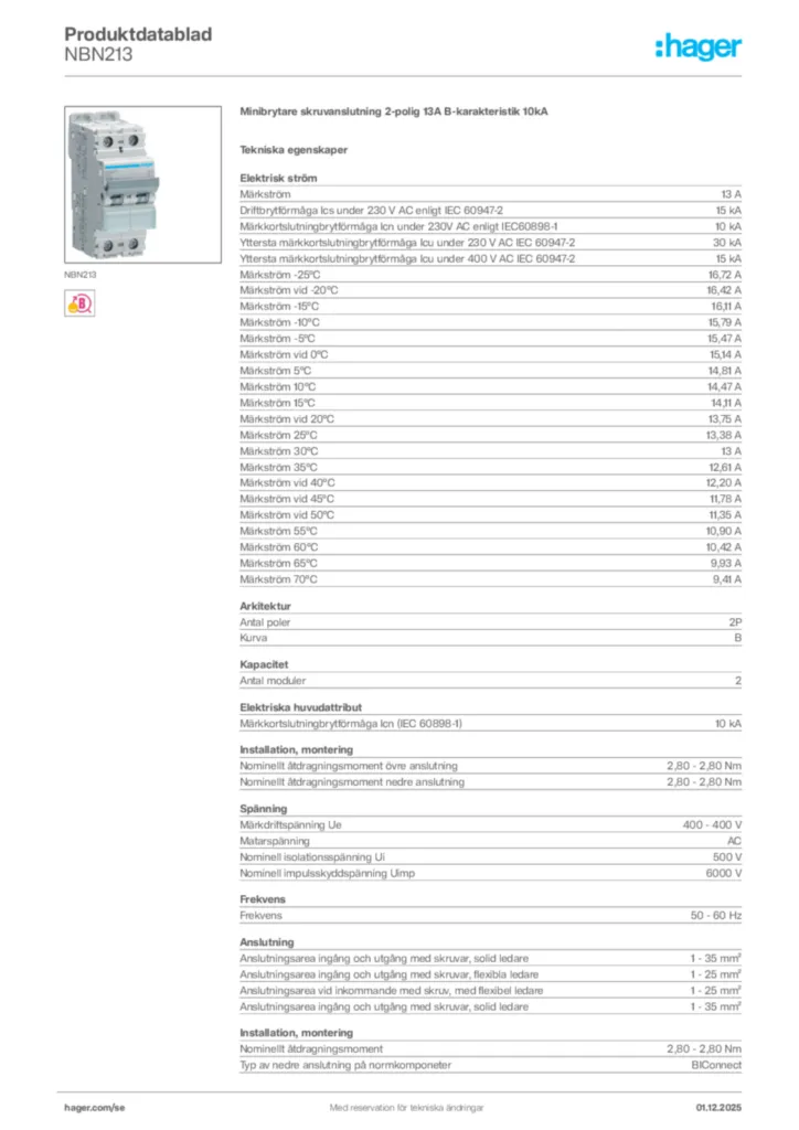 Bild Hager Produktdatablad NBN213 | Hager Sverige