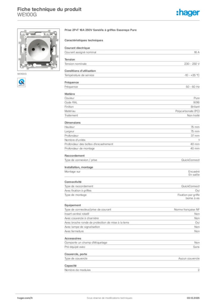 Image Hager Fiche technique du produit WE100G | Hager France