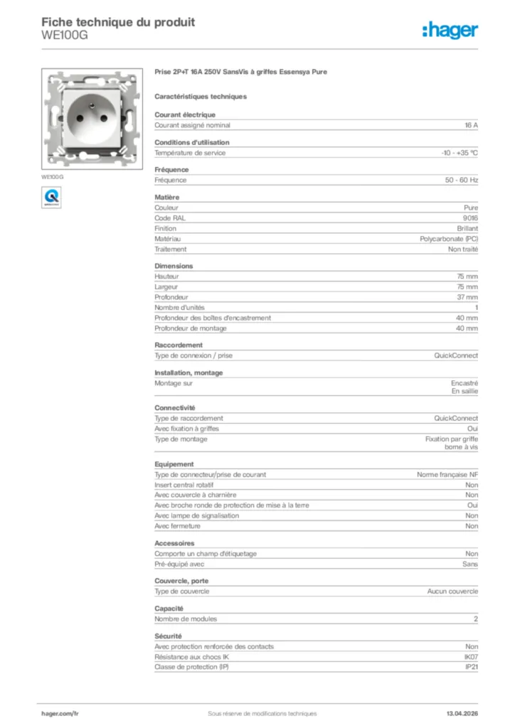 Image Hager Fiche technique du produit WE100G | Hager France