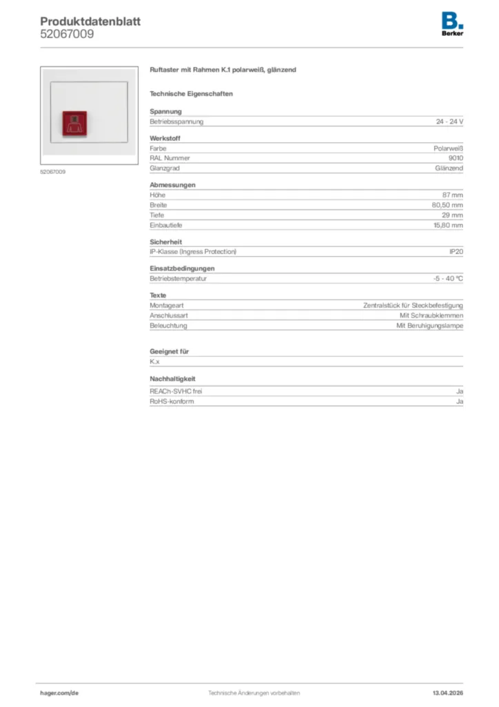 Bild Berker Produktdatenblatt 52067009 | Hager Deutschland