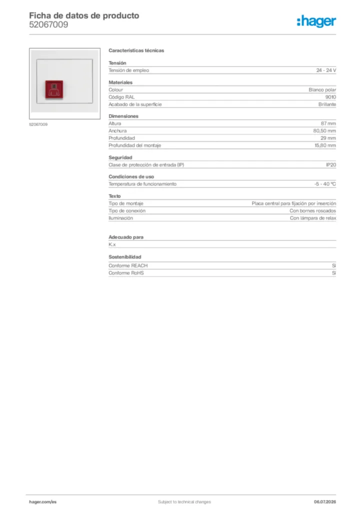 Imagen Hager Ficha de datos de producto 52067009 | Hager España