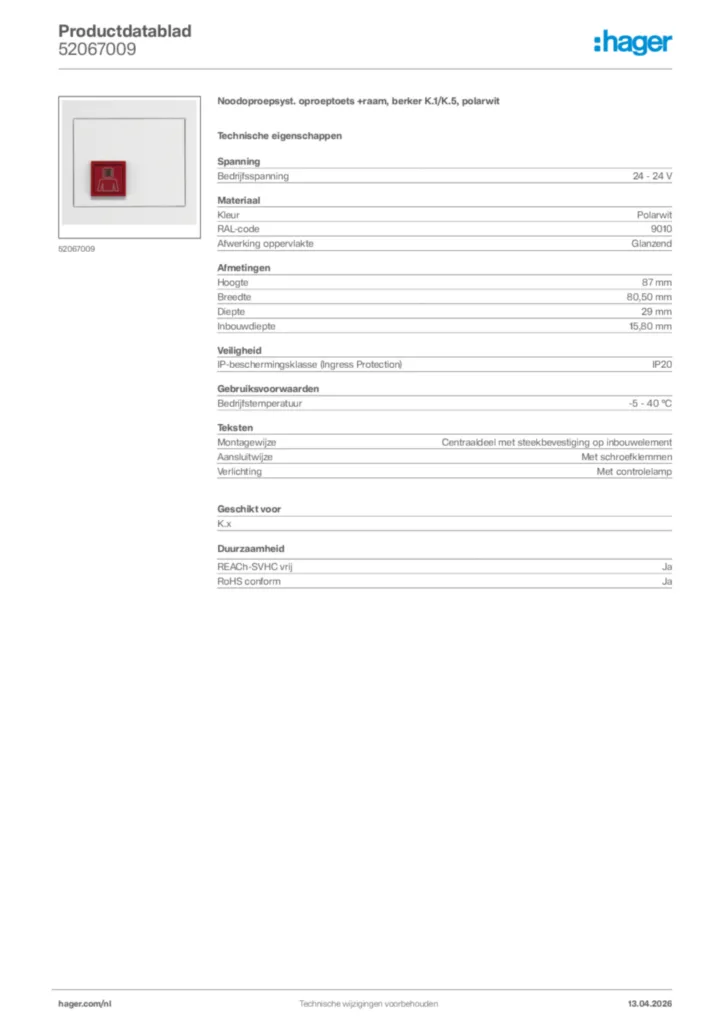 Afbeelding Hager Productdatablad 52067009 | Hager Nederland