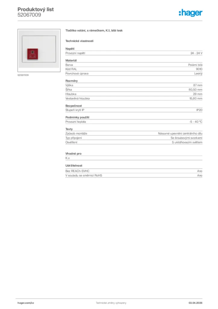 Obrázek Hager Product data sheet 52067009 | Hager