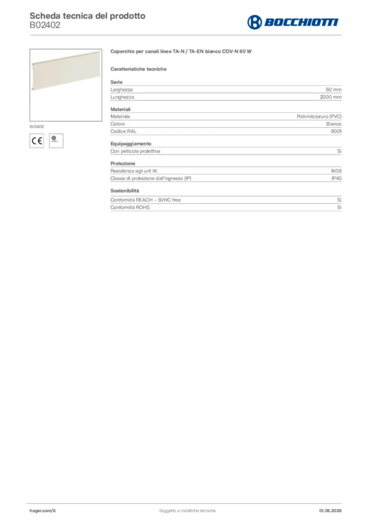 Immagine Bocchiotti Scheda tecnica del prodotto B02402 | Hager Italia