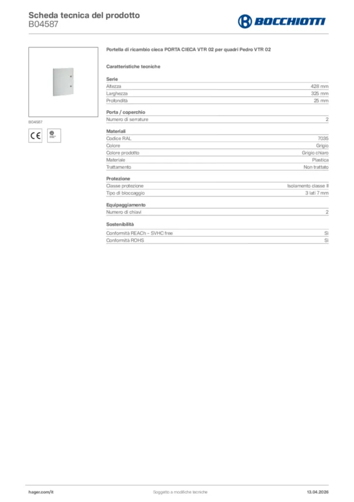Immagine Bocchiotti Scheda tecnica del prodotto B04587 | Hager Italia