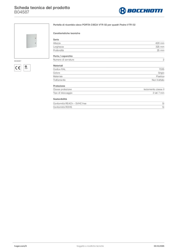 Immagine Bocchiotti Scheda tecnica del prodotto B04587 | Hager Italia