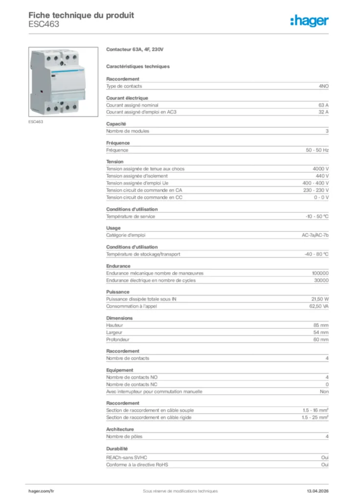 Image Hager Fiche technique du produit ESC463 | Hager France