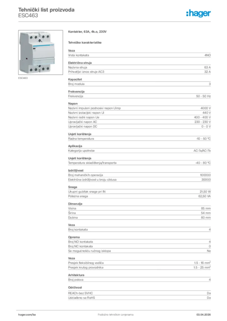 Slika Hager Tehnički list proizvoda ESC463  | Hager