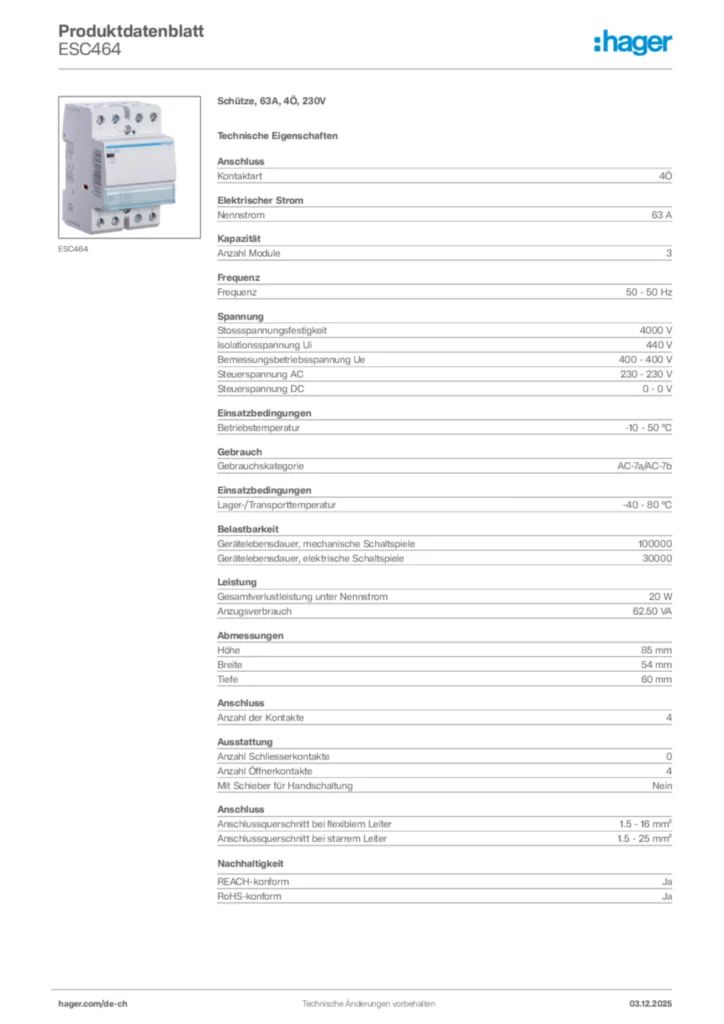 Bild Hager Produktdatenblatt ESC464 | Hager Schweiz