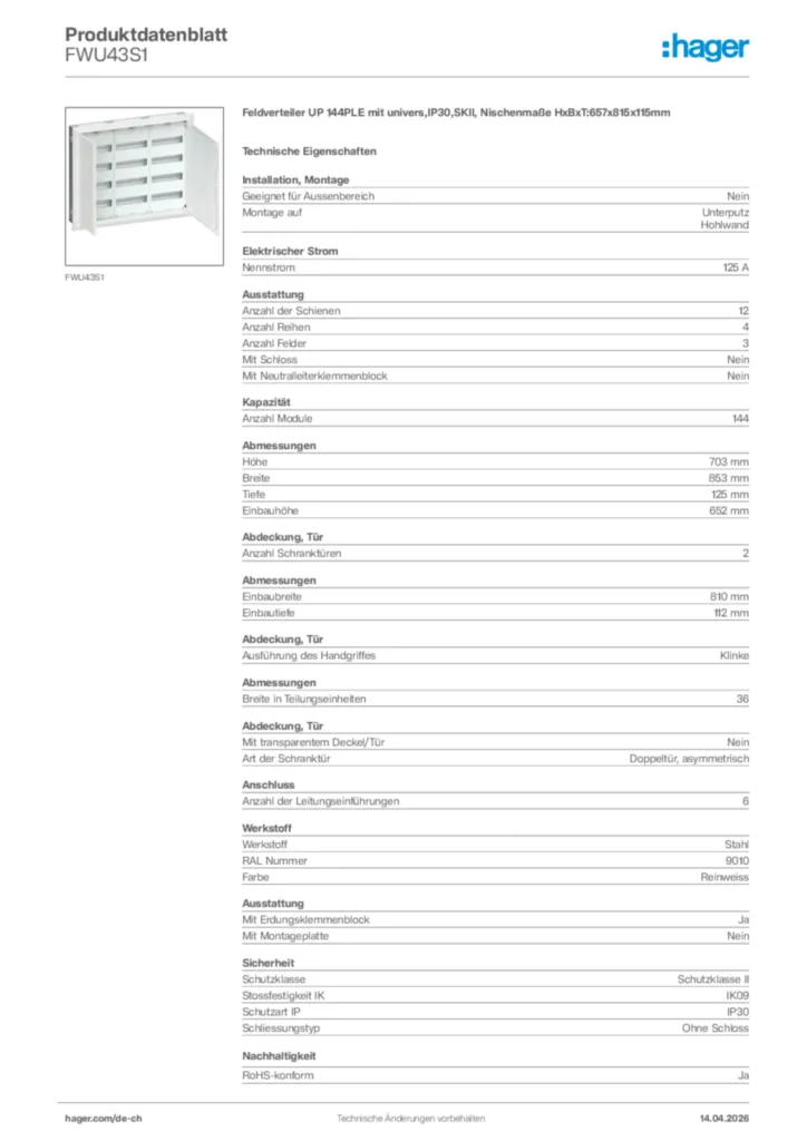 Bild Hager Produktdatenblatt FWU43S1 | Hager Schweiz