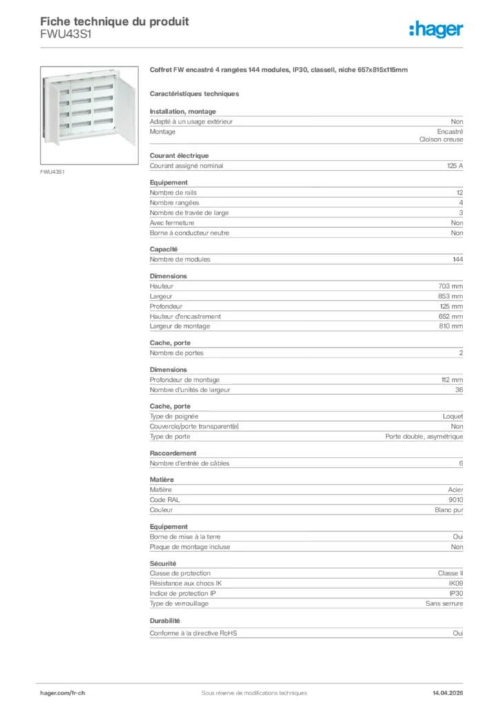 Image Hager Fiche technique du produit FWU43S1 | Hager Suisse