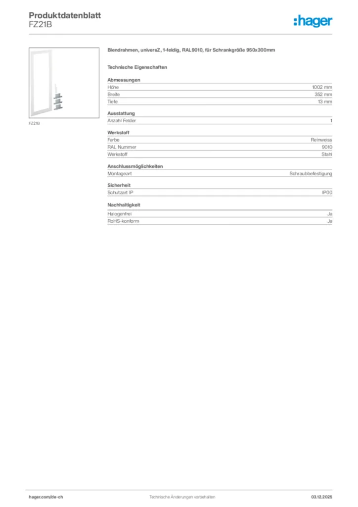 Bild Hager Produktdatenblatt FZ21B | Hager Schweiz