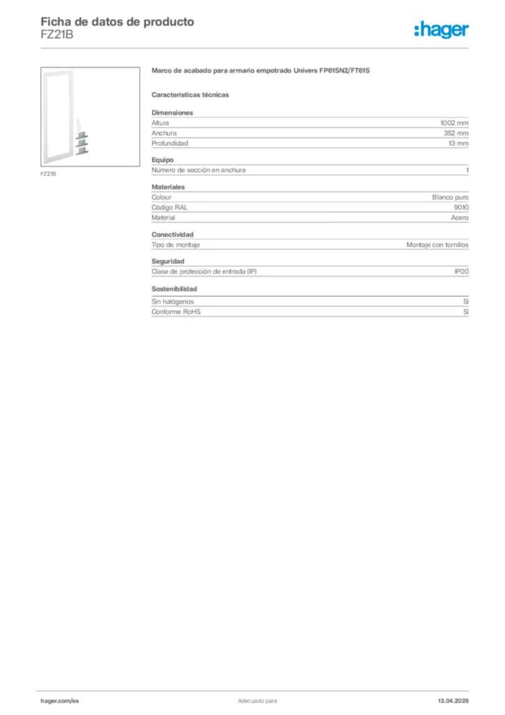 Imagen Hager Ficha de datos de producto FZ21B | Hager España