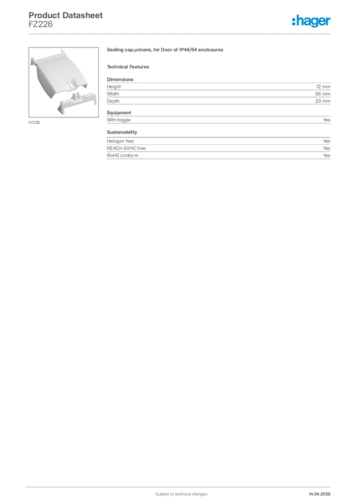 Image Hager Product data sheet FZ226  | Hager Africa