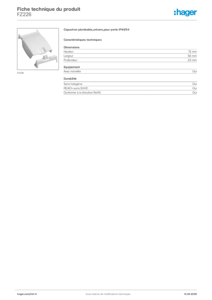 Image Hager Fiche technique du produit FZ226 | Hager Afrique