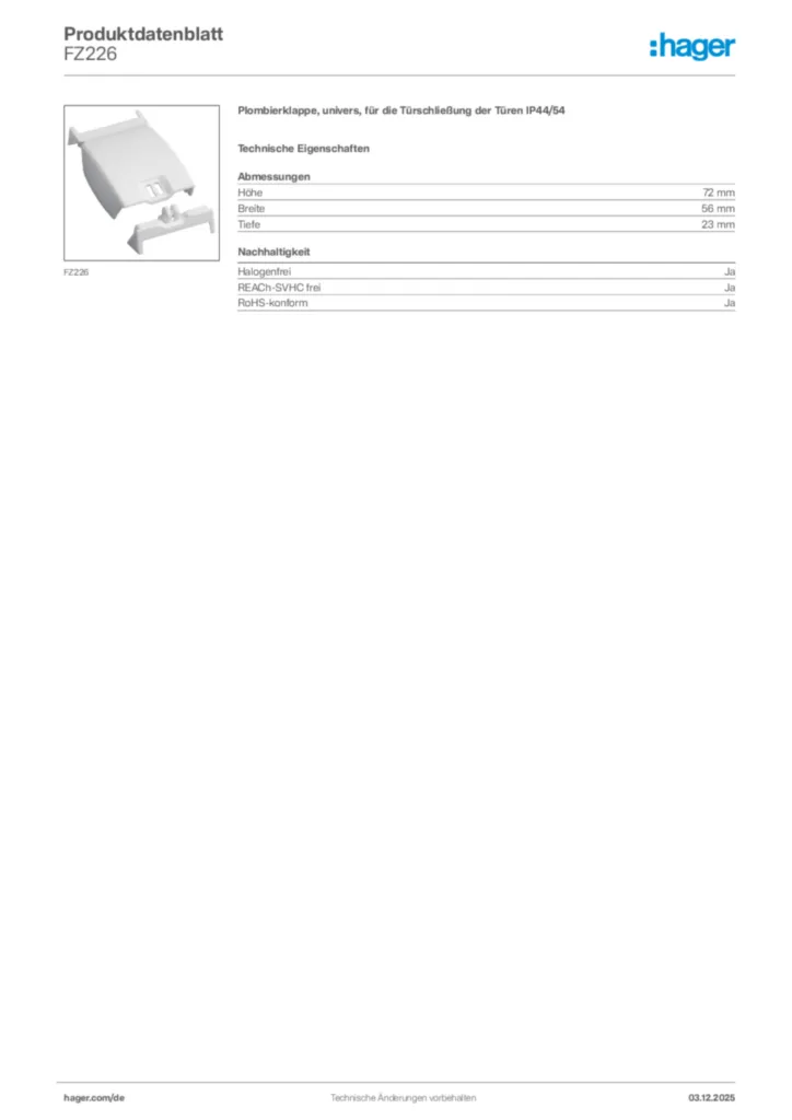 Hager Produktdatenblatt FZ226