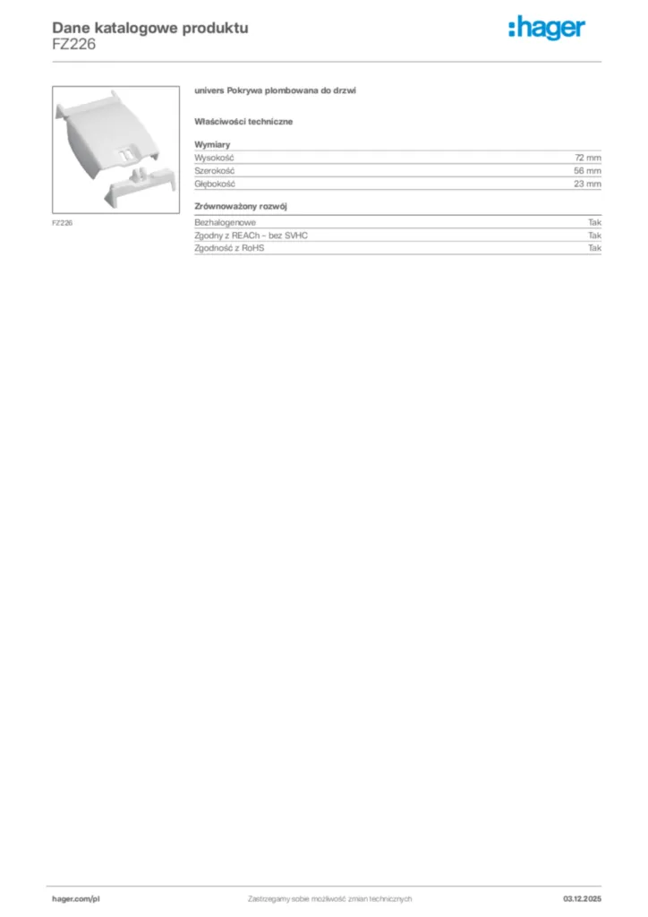 Zdjęcie Hager Dane katalogowe produktu FZ226 | Hager Polska