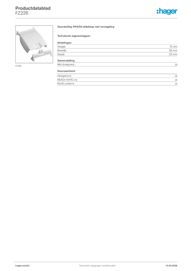 Afbeelding Hager Productdatablad FZ226 | Hager Nederland