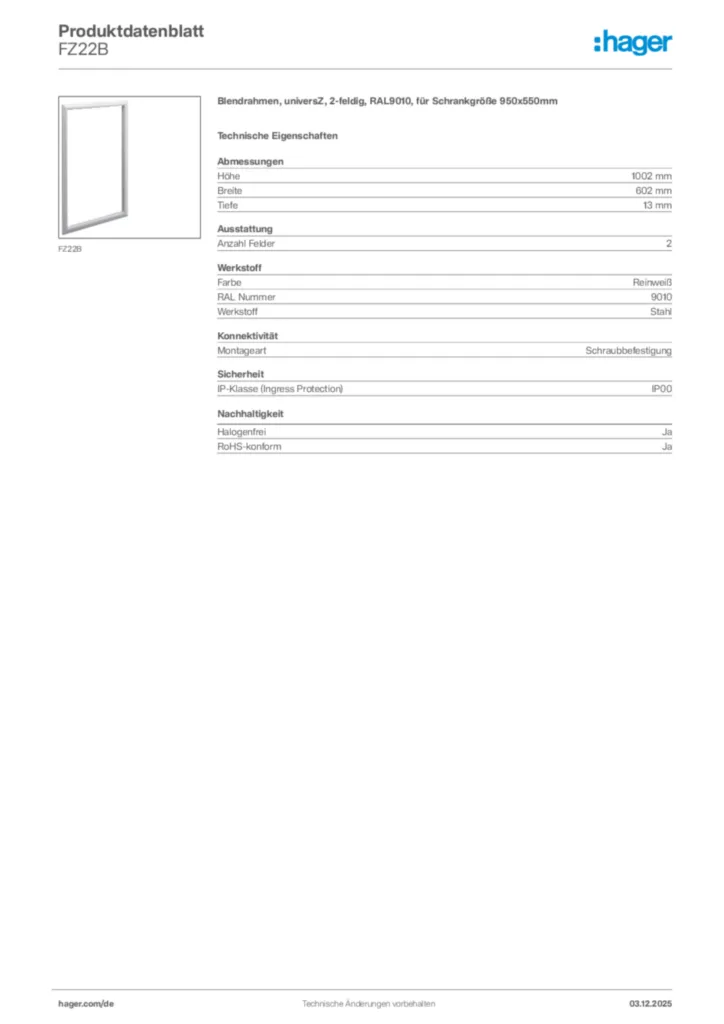 Hager Produktdatenblatt FZ22B