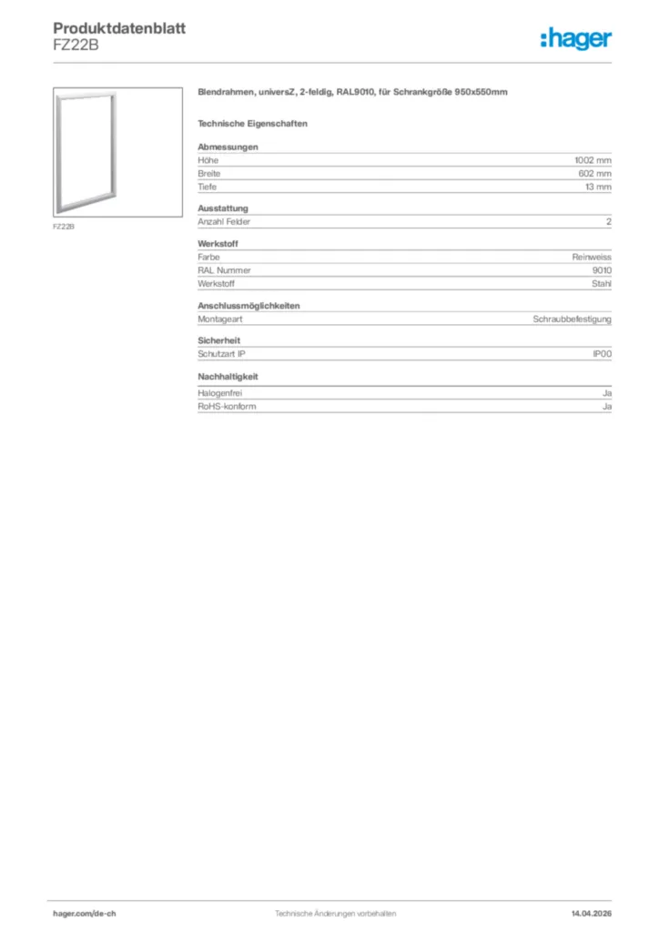 Bild Hager Produktdatenblatt FZ22B | Hager Schweiz
