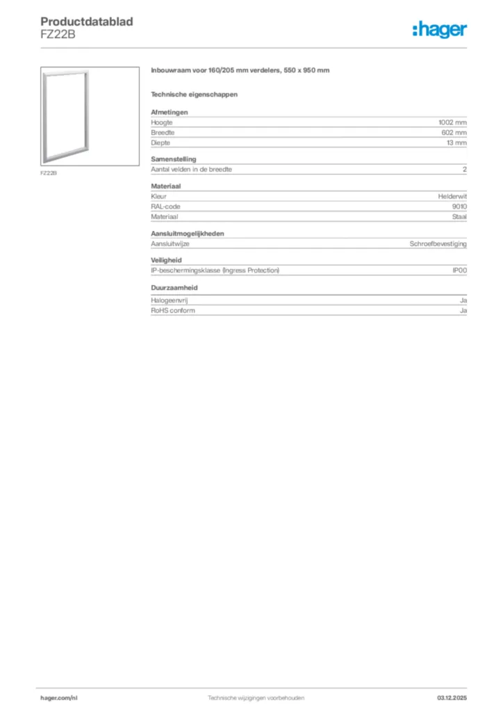 Afbeelding Hager Productdatablad FZ22B | Hager Nederland