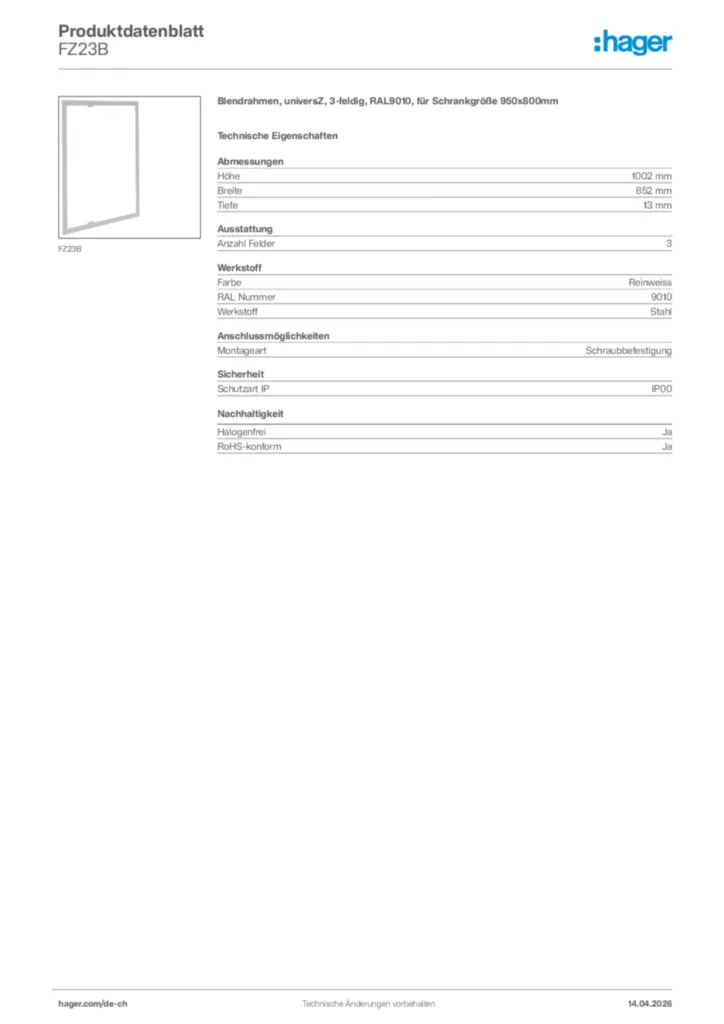 Bild Hager Produktdatenblatt FZ23B | Hager Schweiz